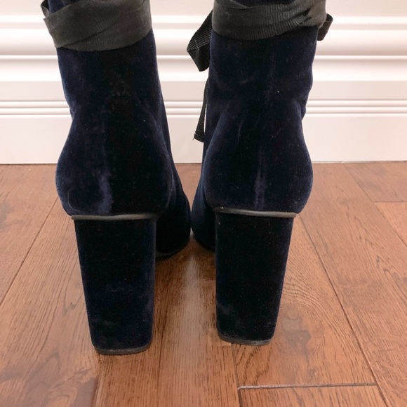 Navy Blue Velvet Booties Zipper and Tie - Picture 2 of 3